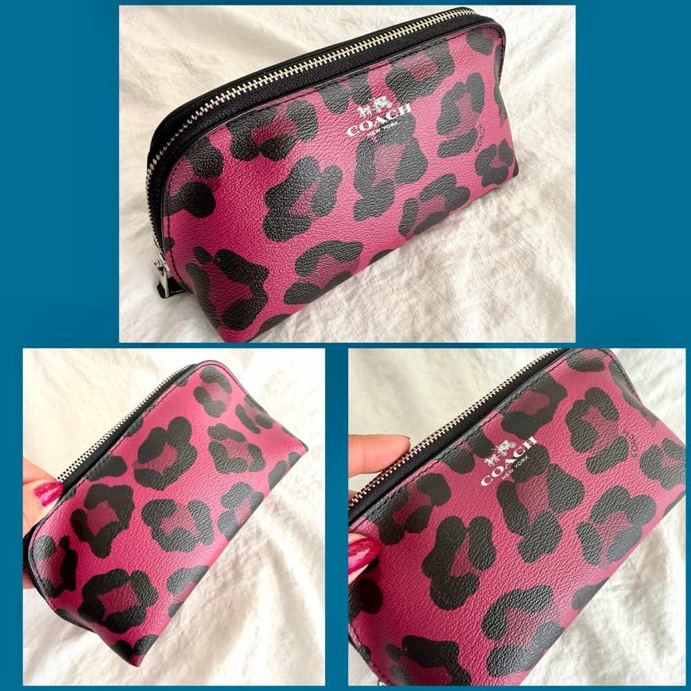 👑✅PRICE FIRM✅ Coach Leather Fuchsia Leopard Print Accessory RARE Trio🔥🔥🔥 - Picture 6 of 16